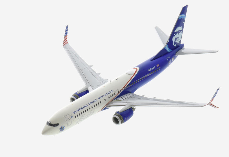 Top view of the 1/200 scale diecast model Boeing 737-800 NG, registration N570AS, in Alaska Airline's “Honoring Those Who Serve" livery - Gemini Jets G2ASA1138