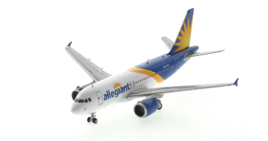 Front port side Top view of the 1/400 scale diecast model Airbus A319-100, registration N321NV in Allegiant Air livery - Gemini Jets GJAAY2131