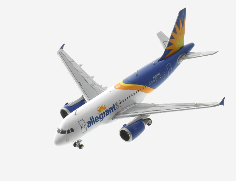 Top view of the 1/400 scale diecast model Airbus A319-100, registration N321NV in Allegiant Air livery - Gemini Jets GJAAY2131