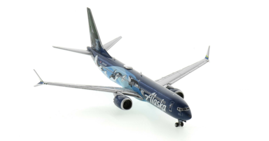 Front starboard side view of the 1/400 scale diecast model Boeing 737-9 MAX registration N932AK in Alaska Airlines' "WEST COAST WONDERS - ORCAS" livery - Gemini Jets GJASA2078