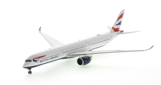 Front port side view of the 1/400 scale diecast model of the Airbus A350-1000, registration G-XWBB in British Airways livery - Gemini Jets GJBAW2111
