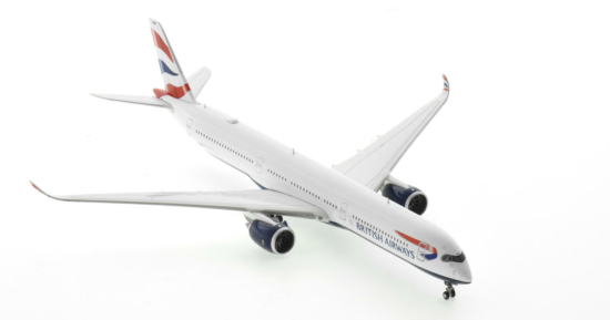 Front starboard side view of the 1/400 scale diecast model of the Airbus A350-1000, registration G-XWBB in British Airways livery - Gemini Jets GJBAW2111