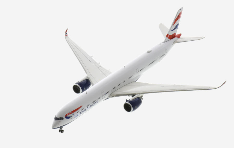 Top view of the 1/400 scale diecast model of the Airbus A350-1000, registration G-XWBB in British Airways livery - Gemini Jets GJBAW2111
