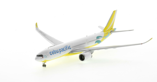 Front port side view of the 1/400 scale diecast model Airbus A330-900N registration RP-C3900 in Cebu Pacific livery - Gemini Jets GJCEB4339