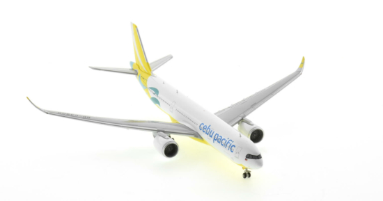 Front starboard side view of the 1/400 scale diecast model Airbus A330-900N registration RP-C3900 in Cebu Pacific livery - Gemini Jets GJCEB4339