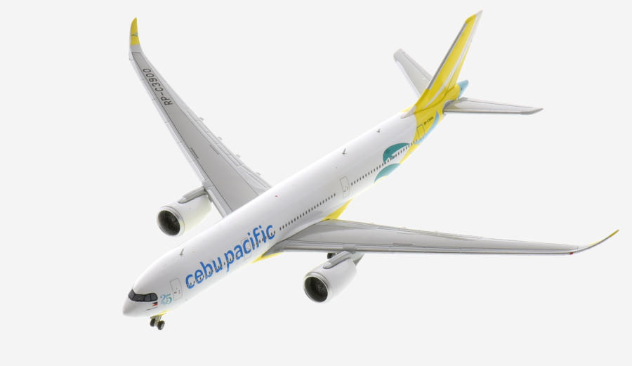 Top view of the 1/400 scale diecast model Airbus A330-900N registration RP-C3900 in Cebu Pacific livery - Gemini Jets GJCEB4339