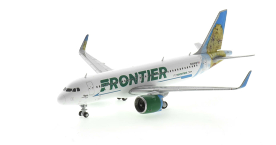 Front port side view of the 1/400 scale diecast model of the Airbus A320-200neo registration XA-VSH, named "Poppy the Prairie Dog" in Frontier Airlines livery - Gemini Jets GJVOI2132