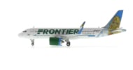 Port side view of the 1/400 scale diecast model of the Airbus A320-200neo registration XA-VSH, named "Poppy the Prairie Dog" in Frontier Airlines livery - Gemini Jets GJVOI2132
