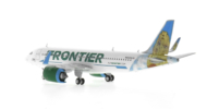 Rear view of the 1/400 scale diecast model of the Airbus A320-200neo registration XA-VSH, named "Poppy the Prairie Dog" in Frontier Airlines livery - Gemini Jets GJVOI2132