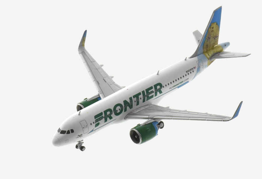 Top view of the 1/400 scale diecast model of the Airbus A320-200neo registration XA-VSH, named "Poppy the Prairie Dog" in Frontier Airlines livery - Gemini Jets GJVOI2132