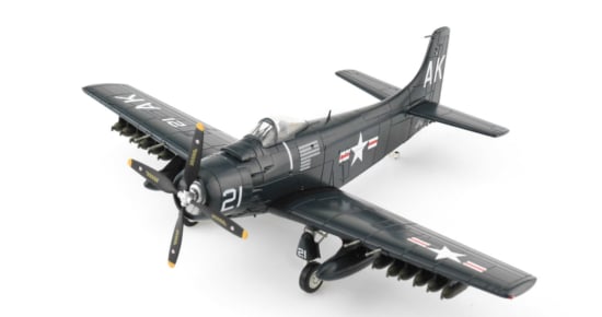 Front port side view of the 1/72 scale diecast model Douglas AD-3 Skyraider, tail code AK/21. VMA-121 "Wolf Raiders", United States Marine Corps, Korean War - Hobby Master HA2918