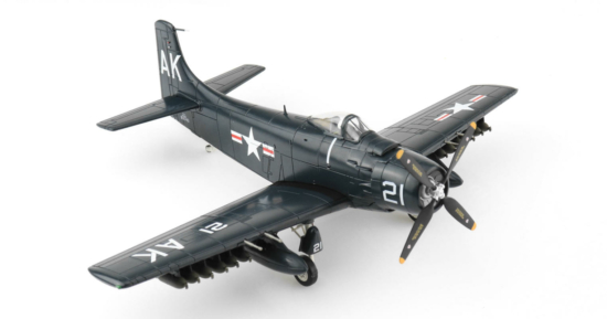 Front starboard side view of the 1/72 scale diecast model Douglas AD-3 Skyraider, tail code AK/21. VMA-121 "Wolf Raiders", United States Marine Corps, Korean War - Hobby Master HA2918