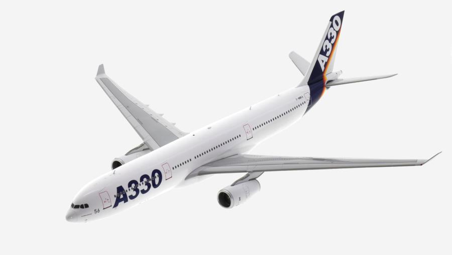 Top view of the 1/200 scale diecast model of the Airbus A330-300 prototype, registration F-WWKA in Airbus 'House Colours" circa the early 1990s - Inflight200 IF333AIRBUSKA