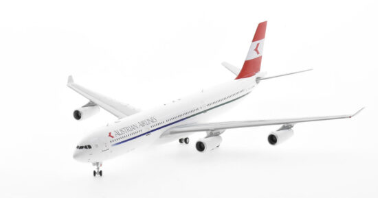 Front port side view of the 1/200 scale diecast model Airbus A340-300, registration OE-LAK, in Austrian Airlines livery, circa the early 2000s - Inflight200 IF343OS0422