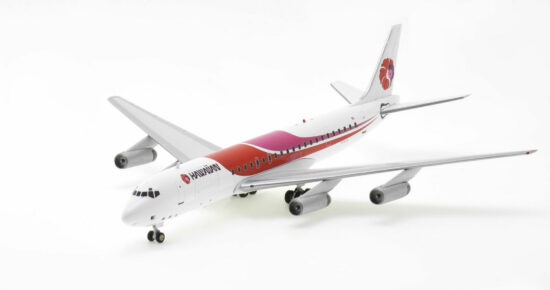 Front port side view of the 1/200 scale diecast model Douglas DC-8-62H-CF, registration N3931A in Hawaiian Airlines livery circa 1990. - Inflight200 IF862HS0962
