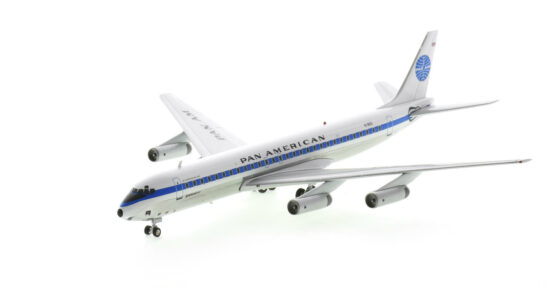 Front port side view of the 1/200 scale diecast model Douglas DC-8-62, registration N1803, named "Clipper Golden Light" in Pan Am livery circa 1970 - Inflight200 IF862PA0922P