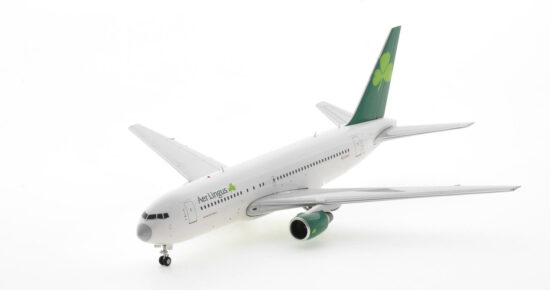 Front port side view of the 1/200 scale diecast model Boeing 767-200ER, registration N234AX in Aer Lingus livery, circa June 2016 - JC Wings JC2EIN329 / XX2329