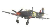 Front port side view of the 1/72 scale diecast model Hawker Hurricane Mk I, serial number P2798, squadron code LK-A. Flown by Sqn Ldr Ian Richard 'Widge' Gleed of No. 87 Squadron, RAF, night intruder operations, April 1941 - Corgi AA27608