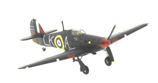 Front starboard side view of the 1/72 scale diecast model Hawker Hurricane Mk I, serial number P2798, squadron code LK-A. Flown by Sqn Ldr Ian Richard 'Widge' Gleed of No. 87 Squadron, RAF, night intruder operations, April 1941 - Corgi AA27608
