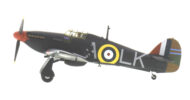 Port side view of the 1/72 scale diecast model Hawker Hurricane Mk I, serial number P2798, squadron code LK-A. Flown by Sqn Ldr Ian Richard 'Widge' Gleed of No. 87 Squadron, RAF, night intruder operations, April 1941 - Corgi AA27608