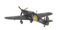 Rear view of the 1/72 scale diecast model Hawker Hurricane Mk I, serial number P2798, squadron code LK-A. Flown by Sqn Ldr Ian Richard 'Widge' Gleed of No. 87 Squadron, RAF, night intruder operations, April 1941 - Corgi AA27608