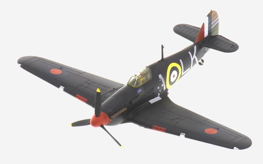 Top view of the 1/72 scale diecast model Hawker Hurricane Mk I, serial number P2798, squadron code LK-A. Flown by Sqn Ldr Ian Richard 'Widge' Gleed of No. 87 Squadron, RAF, night intruder operations, April 1941 - Corgi AA27608
