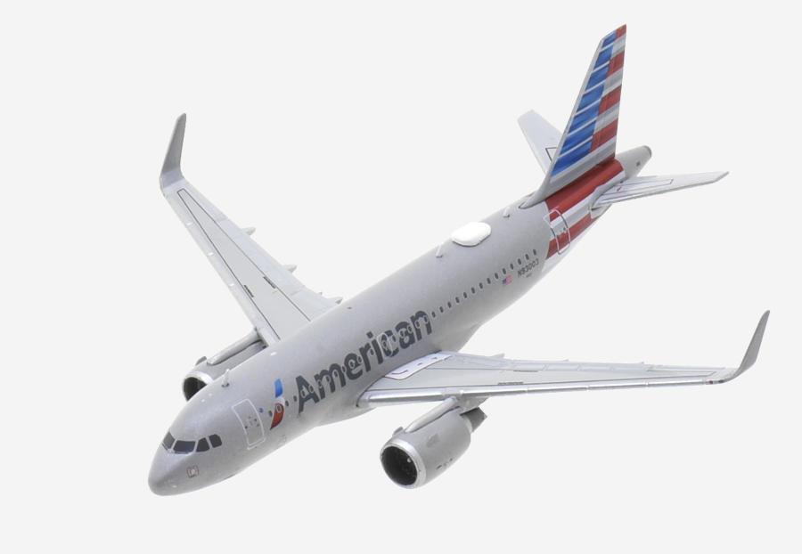 Top view of the 1/400 scale diecast model  airbus A319-100 (WL), registration N93003 in American Airlines livery - Gemini Jets GJAAL2084