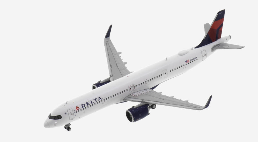 Top view of the 1/400 scale diecast model Airbus A321-200neo, registration N501DA, in Delta Air Lines livery - Gemini Jets GJDAL2164