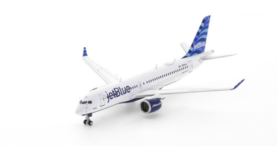 Front port side view of the 1/400 scale diecast model Airbus A220-300 (Bombardier CS300) of registration N3044J, named "Dawning Of A Blue Era" in JetBlue Airways livery - GJJBU2182