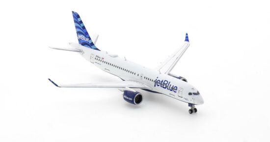 Front starboard side view of the 1/400 scale diecast model Airbus A220-300 (Bombardier CS300) of registration N3044J, named "Dawning Of A Blue Era" in JetBlue Airways livery - GJJBU2182