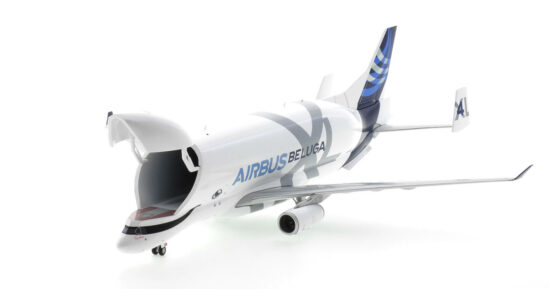 Front port side view with main cargo door open of the 1/200 scale diecast model of the Airbus A330-743L BelugaXL registration F-GXLJ in Airbus house colours - LH2AIR329C / LH2329C