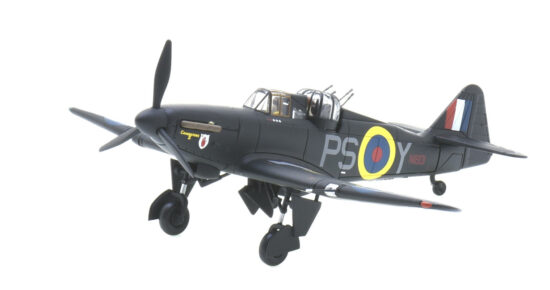 Front port side view of the 1/72 scale diecast model Boulton Paul Defiant Mk.I, serial number N1801, squadron code PS-Y, pilot Desmond Hughes, gunner Sergeant F Nash, No. 264 Squadron, RAF, night intruder operations, 1940-41 - Corgi AA39306