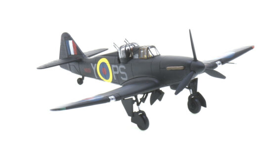 Front starboard side view of the 1/72 scale diecast model Boulton Paul Defiant Mk.I, serial number N1801, squadron code PS-Y, pilot Desmond Hughes, gunner Sergeant F Nash, No. 264 Squadron, RAF, night intruder operations, 1940-41 - Corgi AA39306