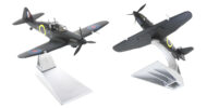 view of the model on display stand 1/72 scale diecast model Boulton Paul Defiant Mk.I, serial number N1801, squadron code PS-Y, pilot Desmond Hughes, gunner Sergeant F Nash, No. 264 Squadron, RAF, night intruder operations, 1940-41 - Corgi AA39306