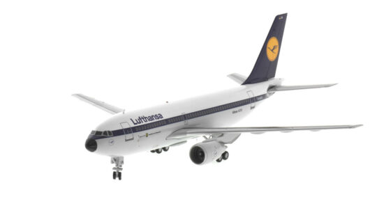 Front port side view of the Airbus A310-200 1/200 scale diecast model, registration D-AICA in Lufthansa livery - JC Wings EW2312001