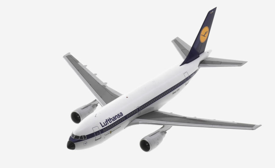 Top view of the Airbus A310-200 1/200 scale diecast model, registration D-AICA in Lufthansa livery - JC Wings EW2312001