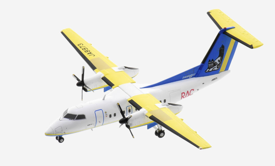 Top view of the 1/200 scale diecast model of the de Havilland Canada Dash 8-Q103, registration JA8973 in Ryuku Air Commuter livery (RAC) - EW28Q1002 