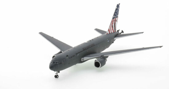 Front port side view of the 1/200 scale diecast model Boeing KC-46A Pegasus "The Spirit of Portsmouth", S/N 17-460634, 157th Air Refueling Wing (157th ARW), New Hampshire Air National Guard (NH ANG) - G2AFO1093