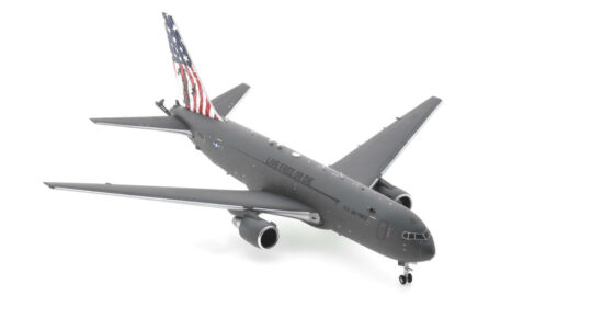 Front starboard side view of the 1/200 scale diecast model Boeing KC-46A Pegasus "The Spirit of Portsmouth", S/N 17-460634, 157th Air Refueling Wing (157th ARW), New Hampshire Air National Guard (NH ANG) - G2AFO1093