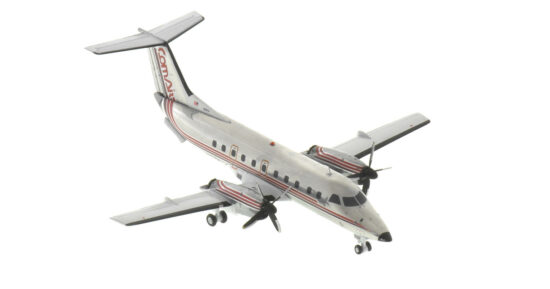 Front starboard side view of the 1/200 scale diecast model Embraer EMB 120RT Brasilia, registration N137H, in Comair livery, circa the 1990s - Gemini Jets G2COM1022