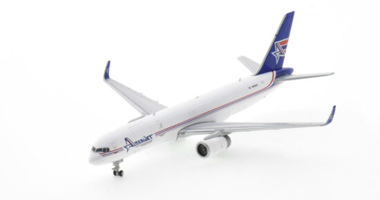 Front port side view of the 1/400 scale diecast model of the Boeing 757-200PCF(W) registration N818NH in Amerijet International Airlines livery - GJAJTL2130