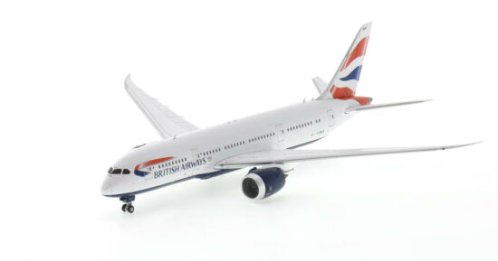 Front port side view of the 1/400 scale diecast model Boeing 787-8 Dreamliner registration G-ZBJG in British Airways livery - Gemini Jets GJBAW2107