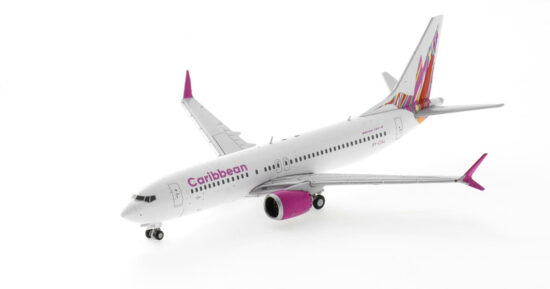Front port side view of the 1/400 scale diecast model Boeing 737-8 MAX registration 9Y-CAL in Caribbean Airlines livery - Gemini Jets GJBWA2121