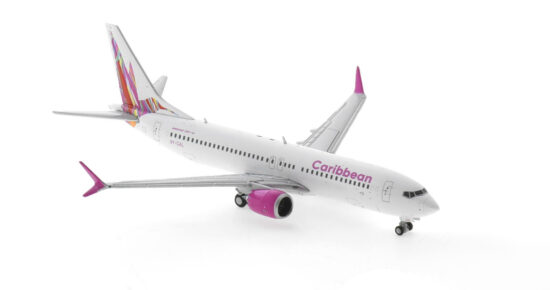 Front starboard side view of the 1/400 scale diecast model Boeing 737-8 MAX registration 9Y-CAL in Caribbean Airlines livery - Gemini Jets GJBWA2121