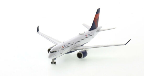 Front port side view of the 1/400 scale diecast model Airbus A220-300 of registration N-103DU in Delta Air Lines livery - Gemini Jets GJDAL2099