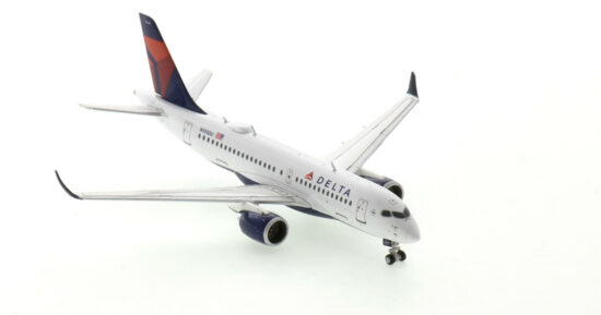 Front starboard side view of the 1/400 scale diecast model Airbus A220-300 of registration N-103DU in Delta Air Lines livery - Gemini Jets GJDAL2099
