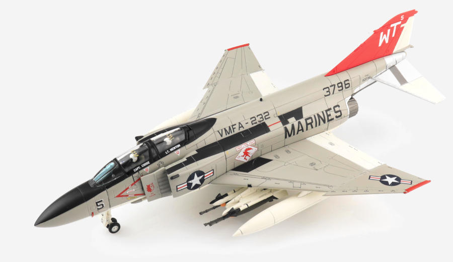 Front port side view of the 1/72 scale diecast model McDonnell Douglas F-4J Phantom II BuNo 153833, Tail Code WT/5, of VMFA-232 "Red Devils", United States Marine Corps, MCAS Iwakuni, Japan, 1977 - Hobby Master HA19037 