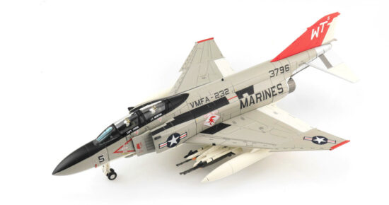 Front port side view of the 1/72 scale diecast model McDonnell Douglas F-4J Phantom II BuNo 153833, Tail Code WT/5, of VMFA-232 "Red Devils", United States Marine Corps, MCAS Iwakuni, Japan, 1977 - Hobby Master HA19037
