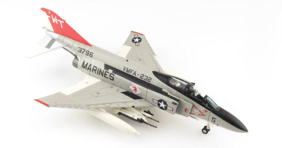 Front starboard side view of the 1/72 scale diecast model McDonnell Douglas F-4J Phantom II BuNo 153833, Tail Code WT/5, of VMFA-232 "Red Devils", United States Marine Corps, MCAS Iwakuni, Japan, 1977 - Hobby Master HA19037