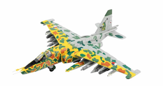 Front port side view of the 1/72 scale diecast model Sukhoi Su-25K Grach, #9013. Of the 30th Combat Aviation Regiment, Czechoslovak Air Force, circa 1993, in the paint scheme used for air show demonstrations - Hobby Master HA6106